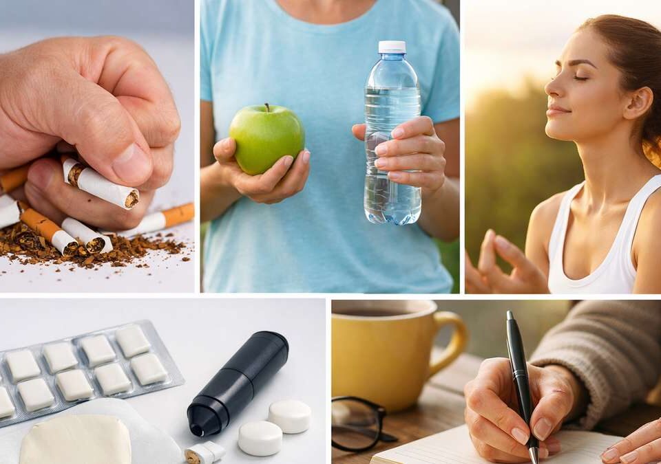 Mão esmagando cigarros, frutas, água, meditação, medicamentos e escrita em um ambiente saudável.