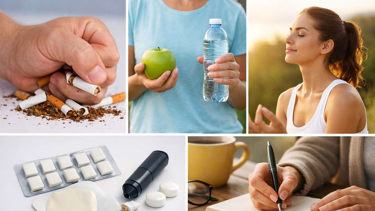 Mão esmagando cigarros, frutas, água, meditação, medicamentos e escrita em um ambiente saudável.
