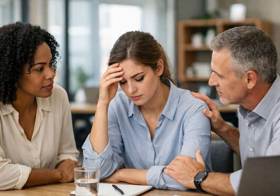 Três pessoas em uma conversa, uma delas expressando preocupação enquanto as outras mostram apoio.
