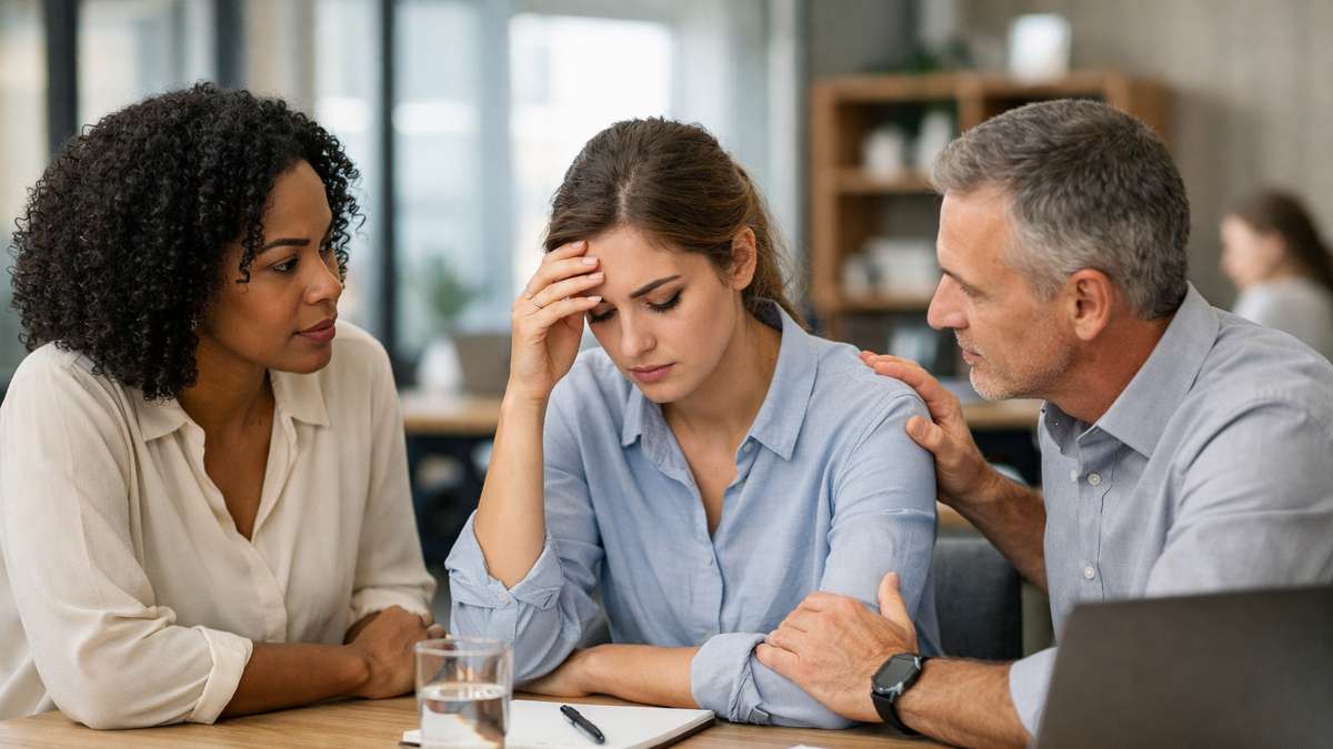 Três pessoas em uma conversa, uma delas expressando preocupação enquanto as outras mostram apoio.