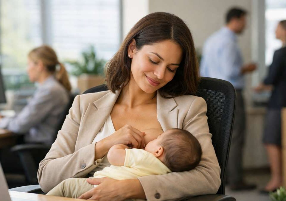 Mulher em traje profissional amamenta um bebê enquanto trabalha em escritório moderno, com pessoas ao fundo.