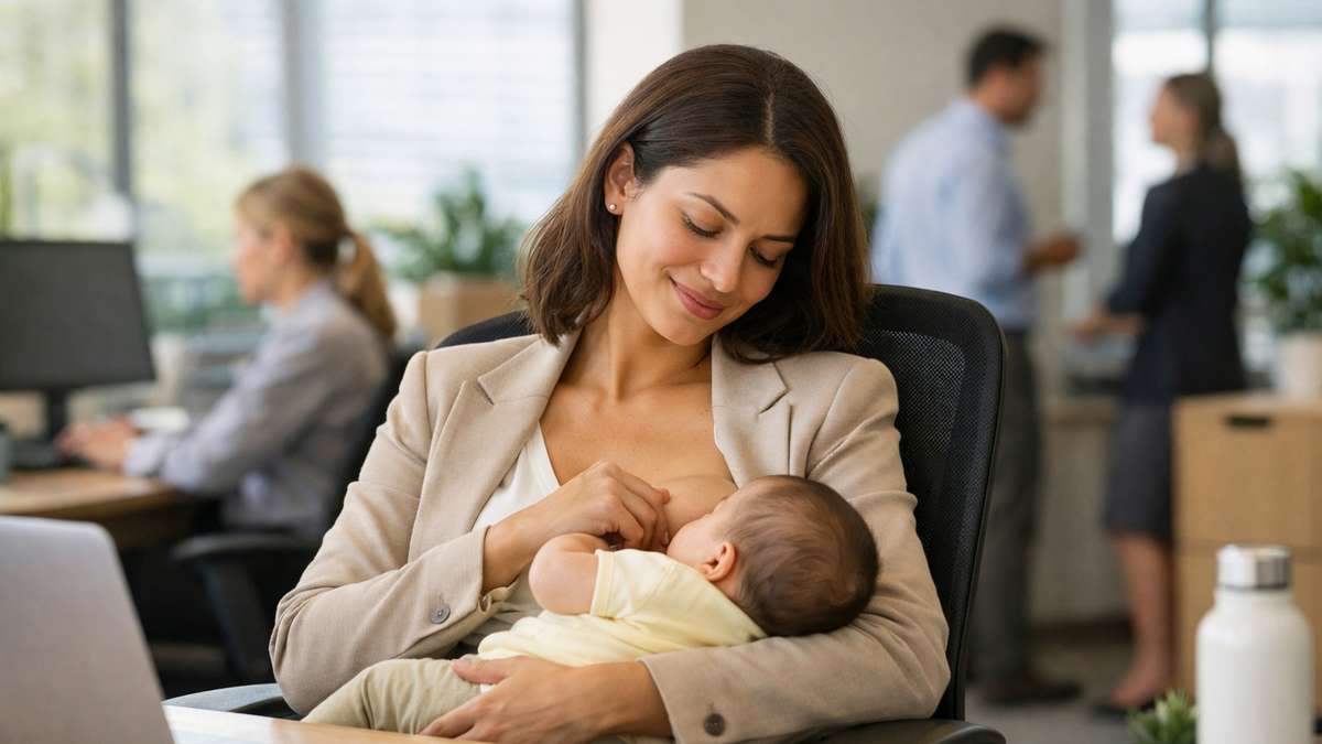 Mulher em traje profissional amamenta um bebê enquanto trabalha em escritório moderno, com pessoas ao fundo.