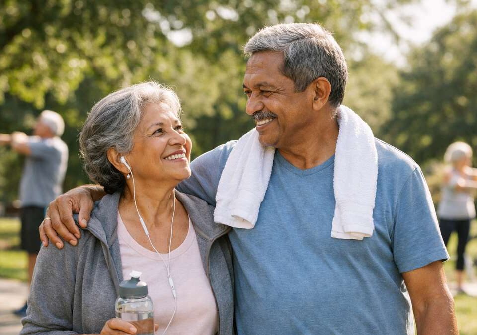 Casal sorrindo em um parque, um segurando uma garrafa de água e ambos ouvindo fones de ouvido. Ao fundo, outras pessoas se exercitando.