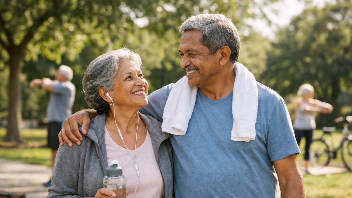 Casal sorrindo em um parque, um segurando uma garrafa de água e ambos ouvindo fones de ouvido. Ao fundo, outras pessoas se exercitando.
