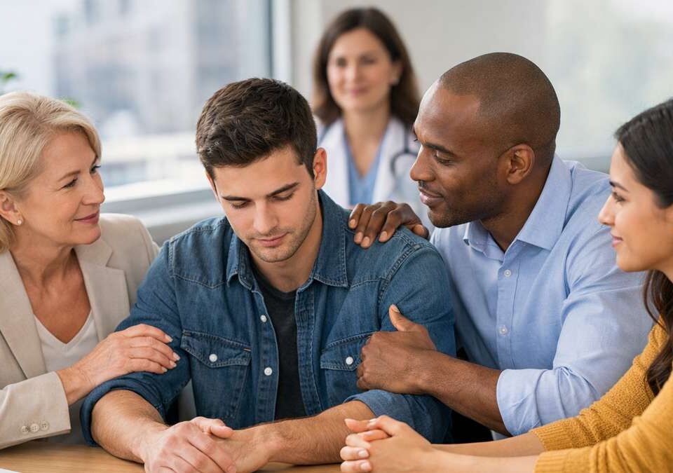 Grupo de pessoas em um ambiente de apoio emocional, com expressões de empatia e conforto.
