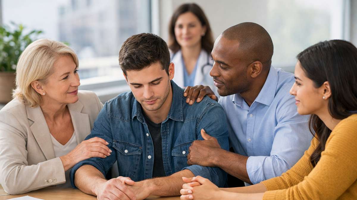Grupo de pessoas em um ambiente de apoio emocional, com expressões de empatia e conforto.