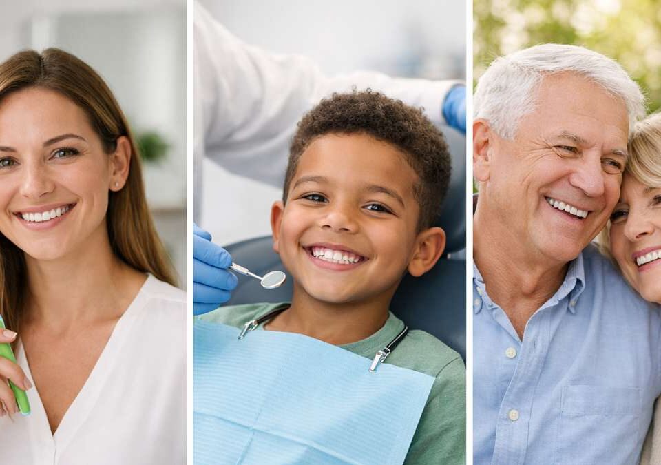 Três seções: mulher sorridente com escova de dente, menino em consultório dentário e casal sorridente ao ar livre.