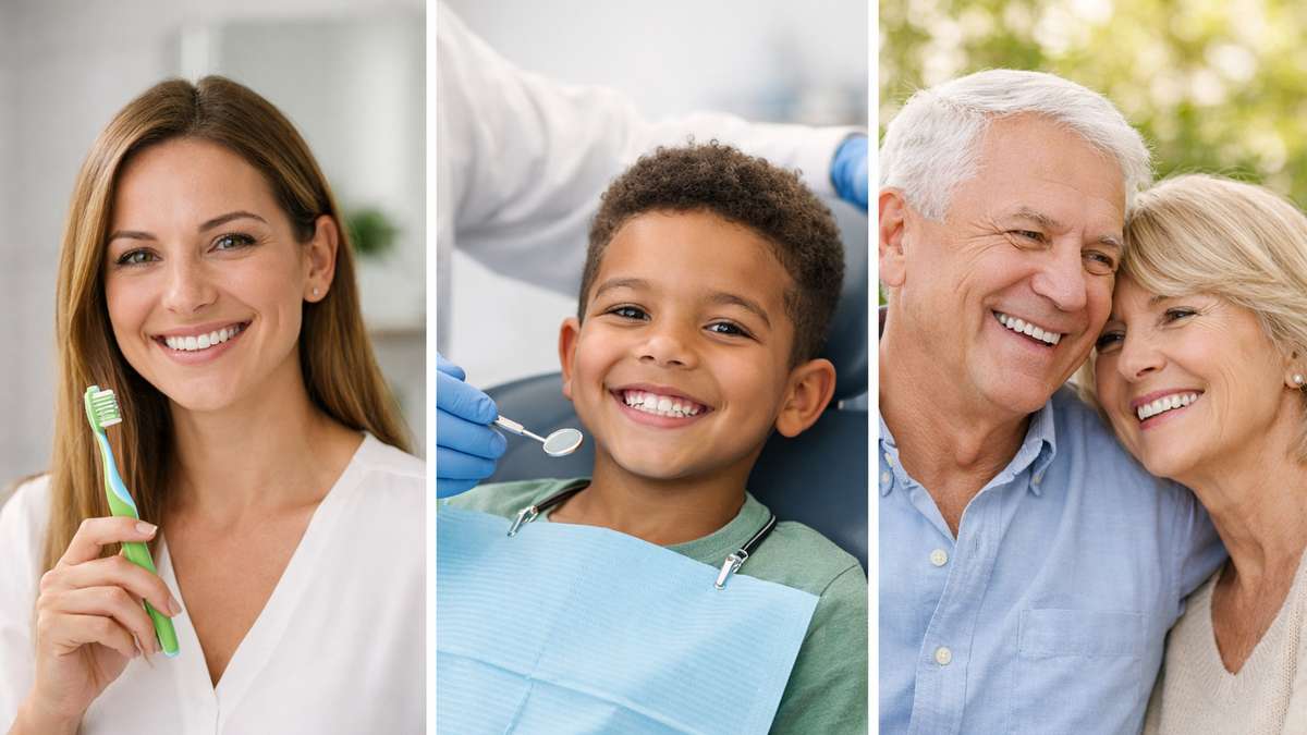 Três seções: mulher sorridente com escova de dente, menino em consultório dentário e casal sorridente ao ar livre.