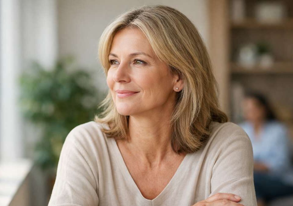 Mulher de cabelos loiros e lisos, sorrindo levemente, sentada ao lado de uma janela, com um fundo desfocado.